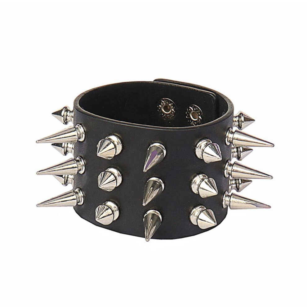 Spiked Studded Bracelet Black Leather Rivets Punk Bracelet Cuff Wrap Bangle Snap Button Metal Wristband For Men Women