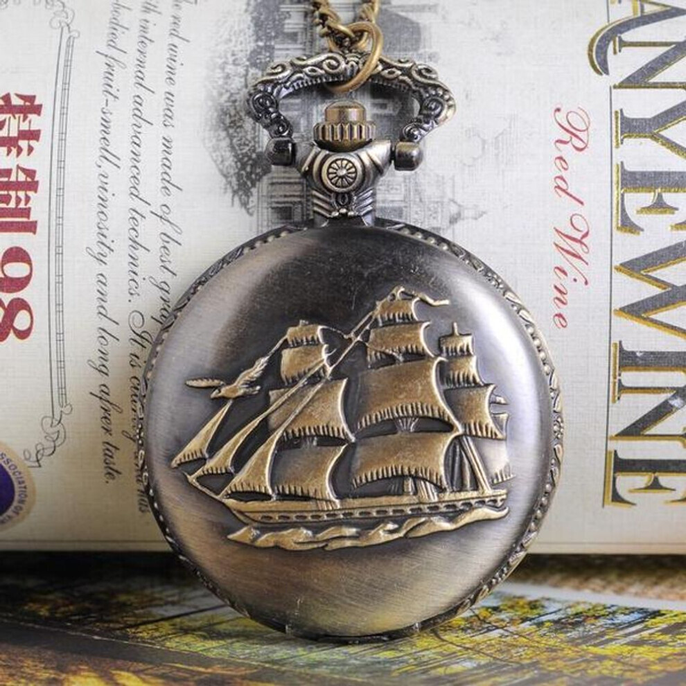 Maxpower Cute Vintage Watch Bronze Tone Quartz Pocket Watch Pendant Round Shape Carve Sailboat Steam P Not,Specified