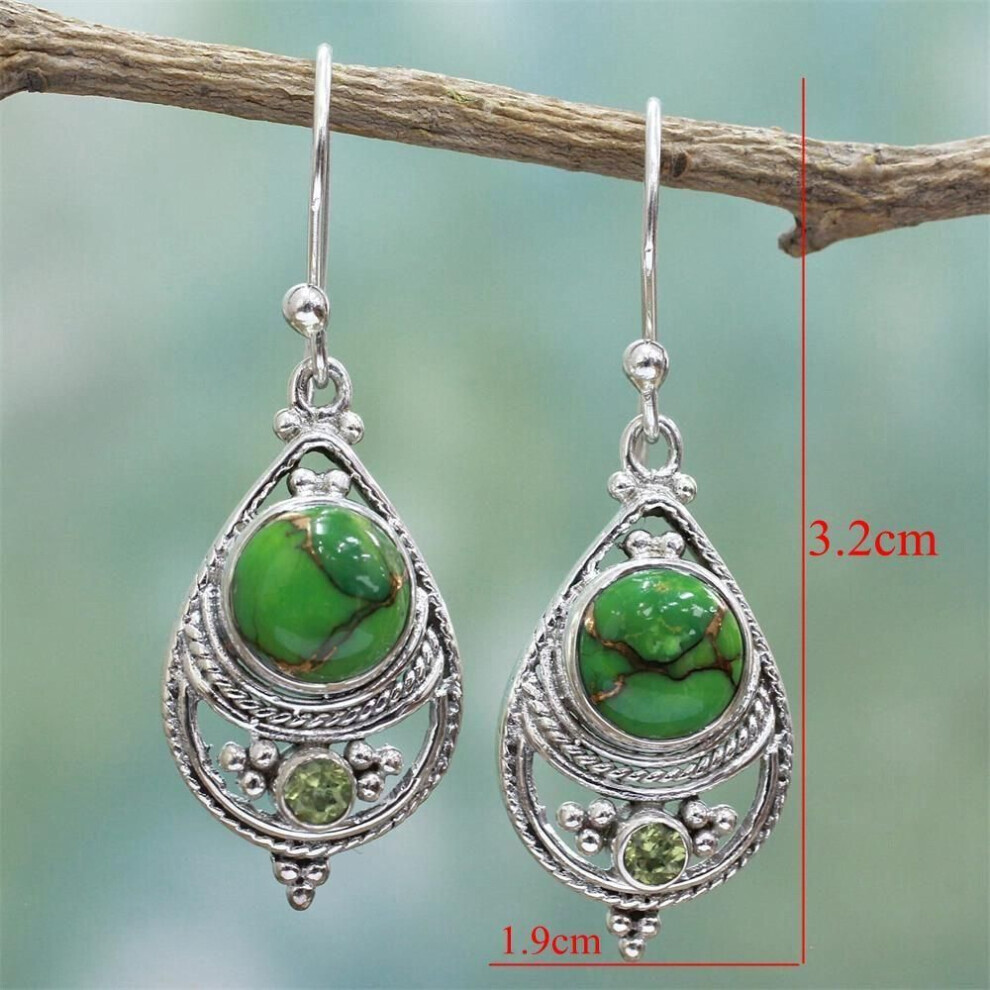 Maxpower Vintage Fashion Jewelry Dangle Natural Gemstone Turquoise Earrings Hook 925 Silver Green,Silver