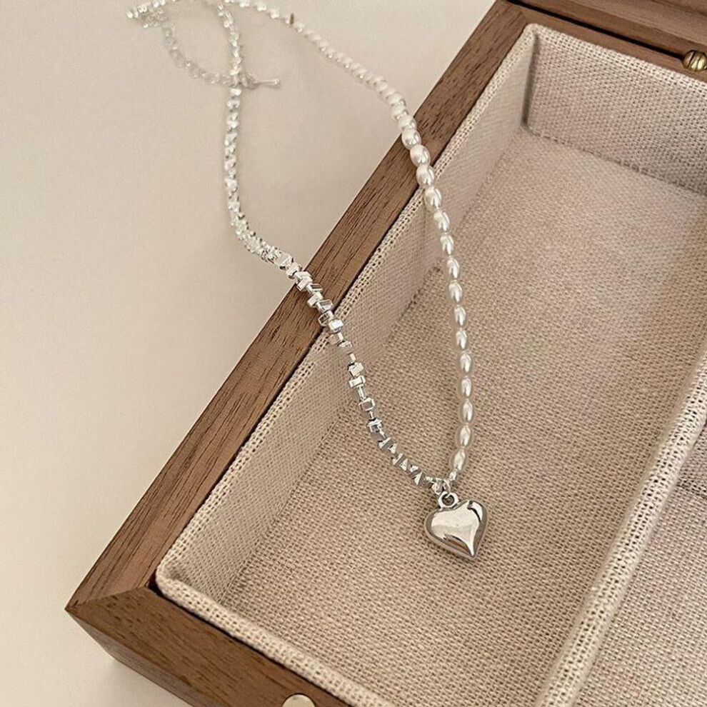 Silver Beaded Love Necklace For Women&apos;s Girls Light Luxury Style Clavicle Chain Jewelry