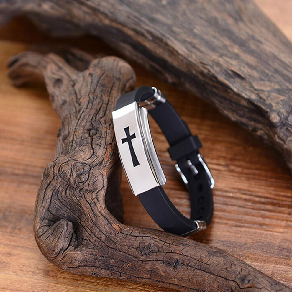 Men Fashion Silver Cross Stainless Steel Black Rubber Bracelet Bangle Wristband