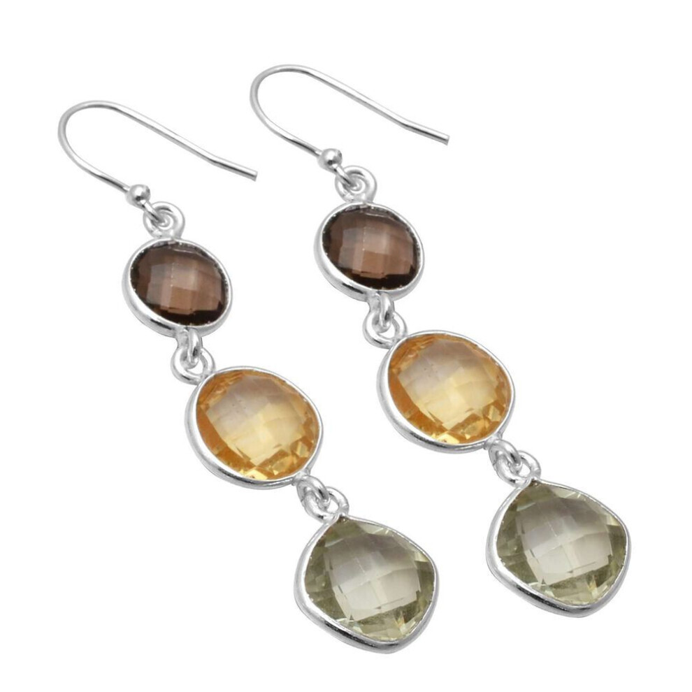 Green Amethyst, Smoky Quartz Gemstone Earrings Solid 925 Sterling Silver Handmade Earrings Jewelry Gift For Women And Girls E-2156