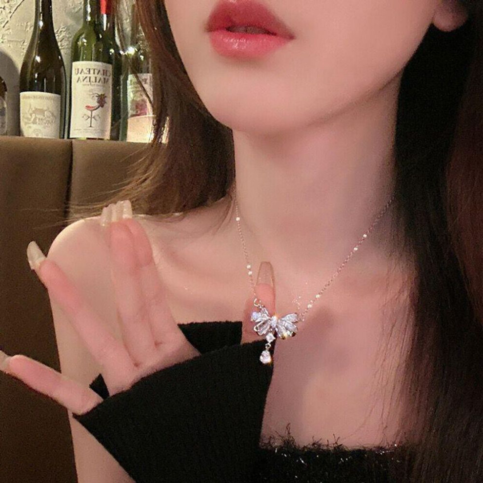 Shiny Bow Knot  Zircon Necklace Charm Pendant For Women Girls Charms  Collarbone Chain Party Jewelry Gifts