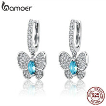 Bamoer Genuine 925 Sterling Silver Luminous Clear Cz Butterfly Crystal Drop Earrings
