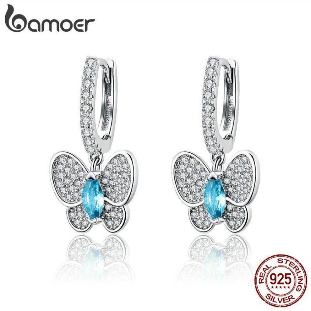 Maxpower Bamoer Genuine 925 Sterling Luminous Clear Cz Butterfly Crystal Drop Earrings Silver