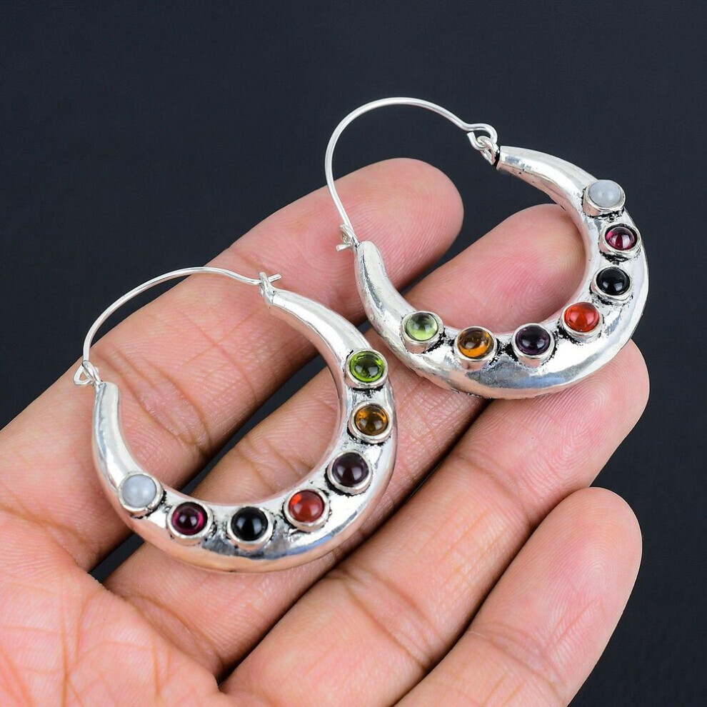 Maxpower Half Moon Seven Chakra Gemstone Earrings | 925 Sterling | Mediation Chakra Earrings | Handmade Earrings For Women & Girls Silver