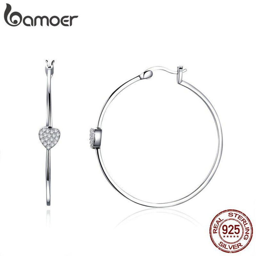 Maxpower Bamoer Authentic 925 Sterling Big Circle Love Heart Shape Clear Cz Drop Earrings Silver