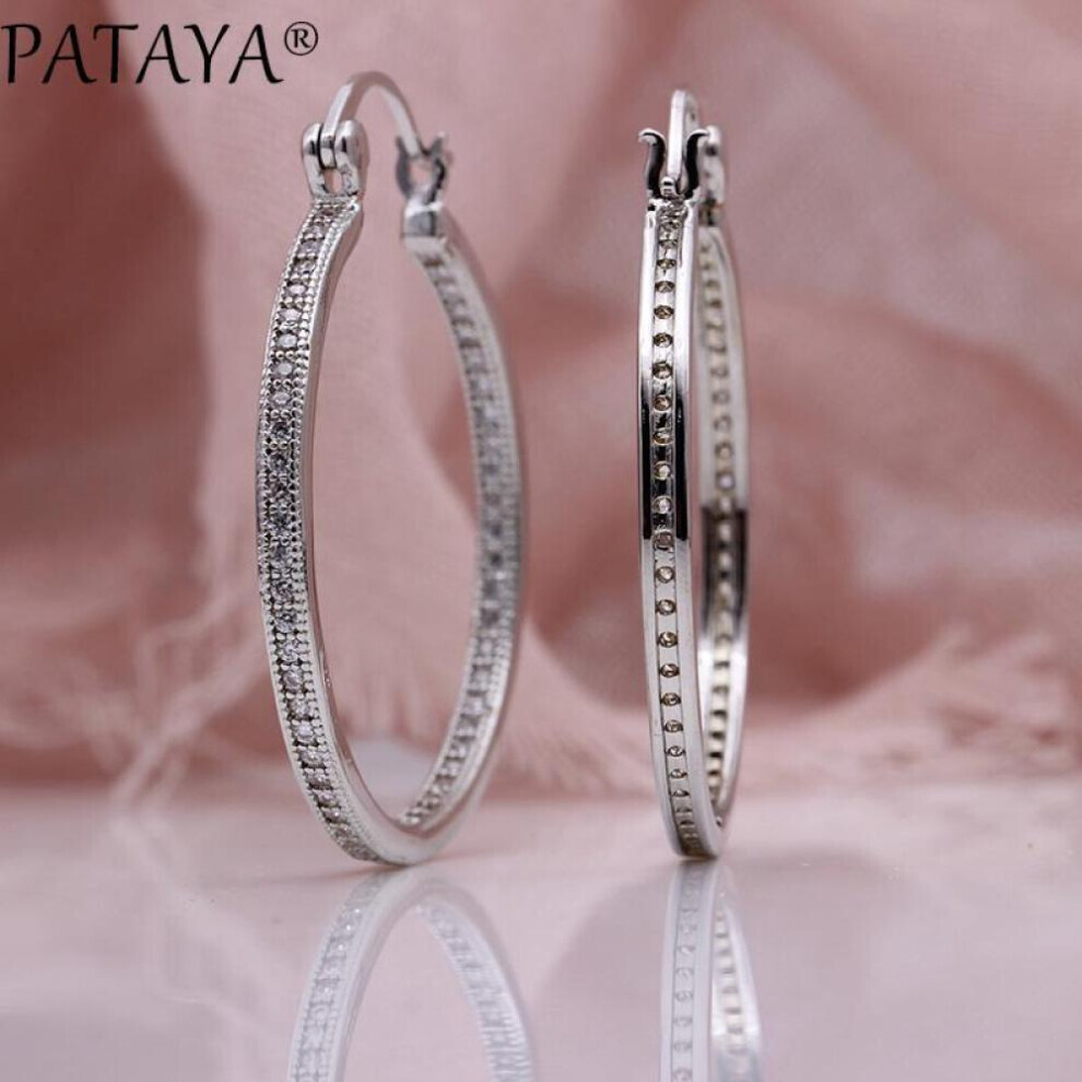 Pataya Micro Wax Inlay Luxury Big Circle Long Hollow Women White Gold Natural Zircon  Earrings