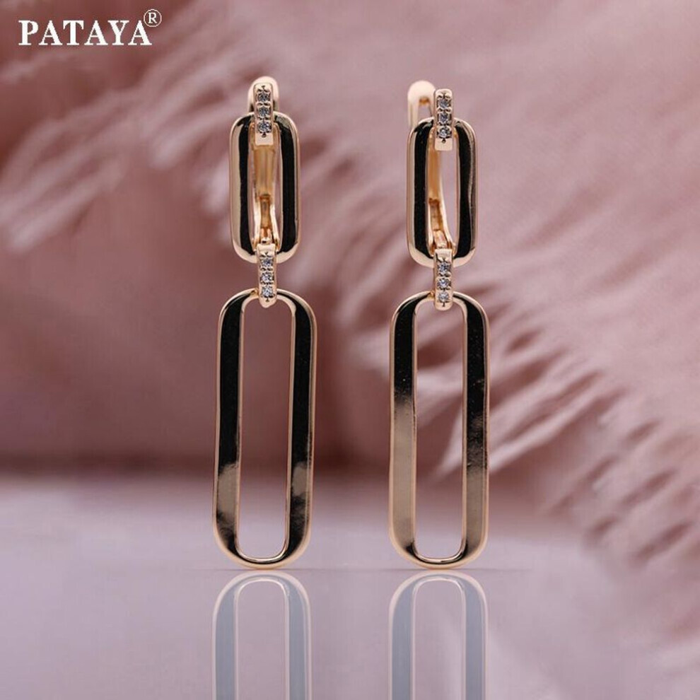 Pataya Rose Gold Color Hollow Earrings Artificial Zircon Long Drop Earrings Women Wedding Geometric Earrings