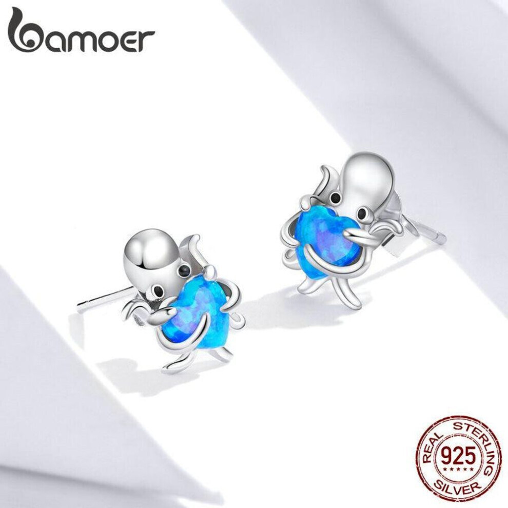 (925 silver) Bamoer Real 925 Sterling Silver Octopus Heart Opal Stud Earrings For Women Statement Fine Jewelry