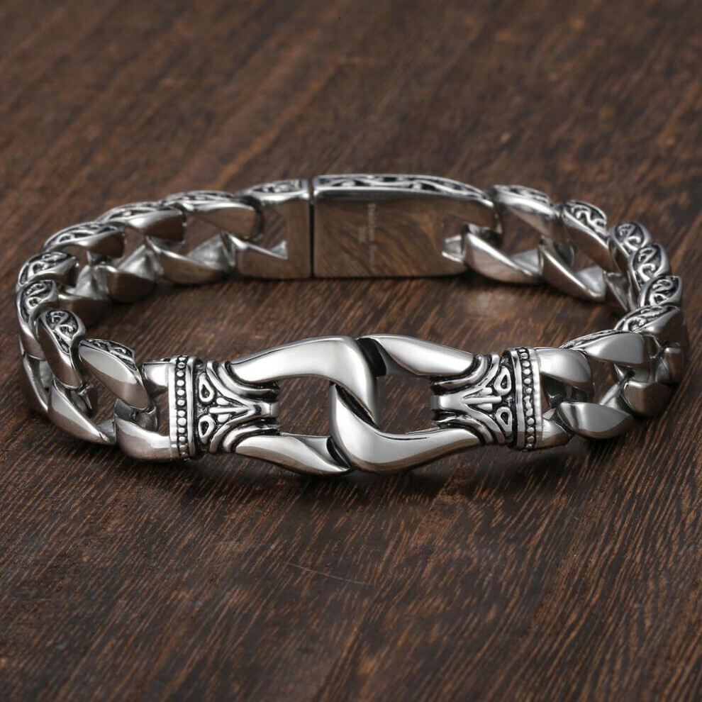(silver, 22cm) Men&apos;s Stainless Steel Curb Cuban Link Bracelet Totem Knot Charm Wristband Male Jewelry