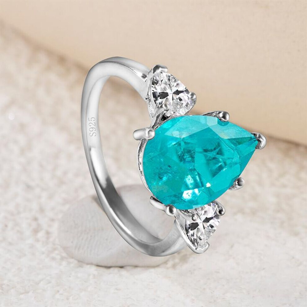 (blue, US 7) Gica Gema 100% 925 Sterling Silver Water Drop 10 * 14 Zircons Synthetic Paraiba Tourmaline Ring Sparkling High Carbon Diamond Fine Jewelry