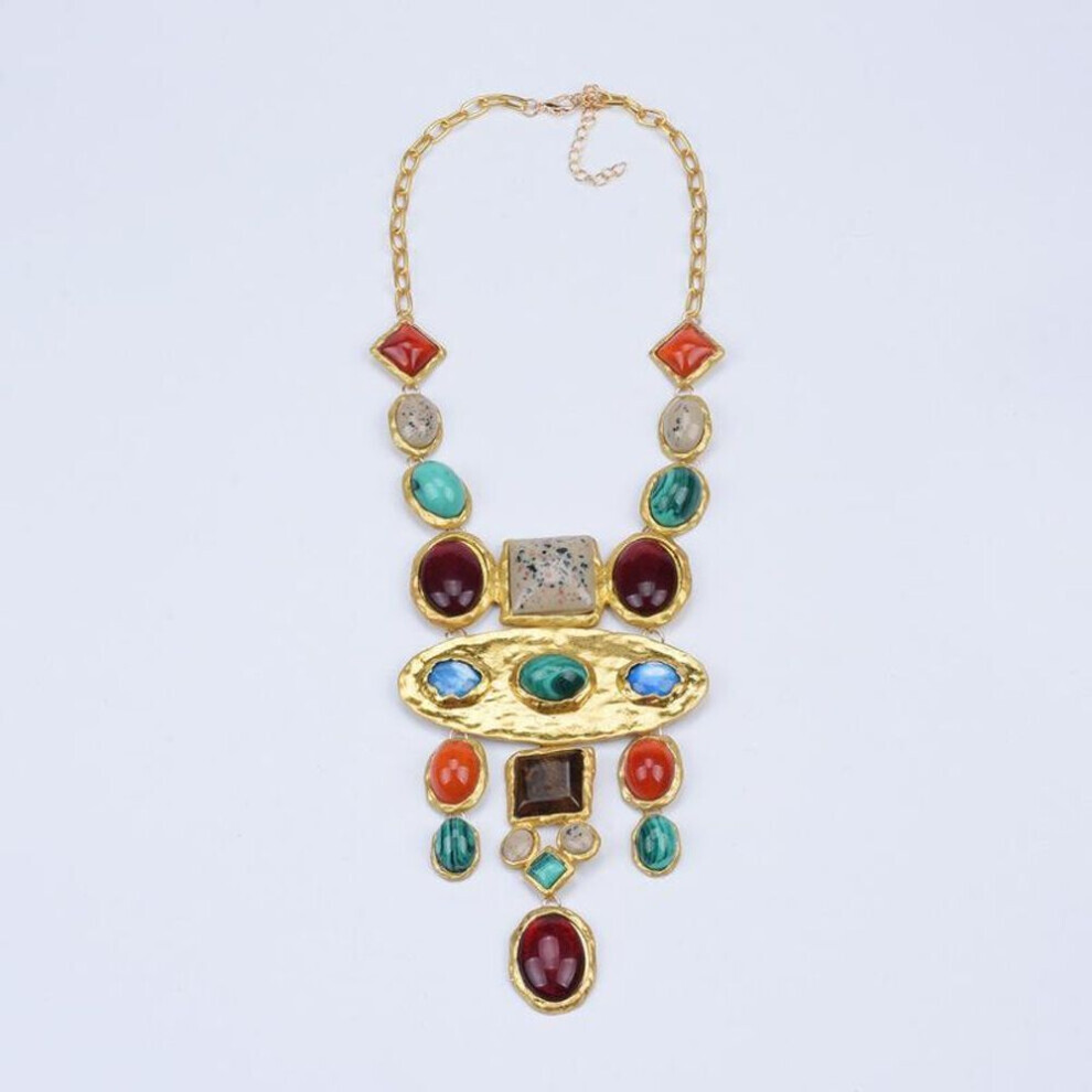Maxpower (1N0604) Bohemian Vintage Statement Necklace For Women Baroque Style Color Crystal Geometric Gemstone Long Sweater Chain Necklace Jewelry
