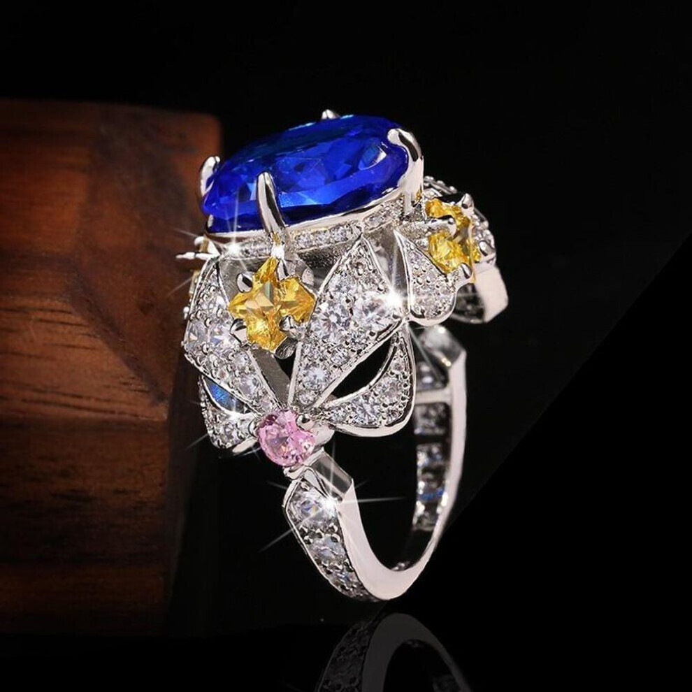 (blue, 10) Vintage Jewelry Luxury Big Sapphire 925 Sterling Silver Rings For Women Elegant Flower Engagement Wedding Band Anniversary Rings
