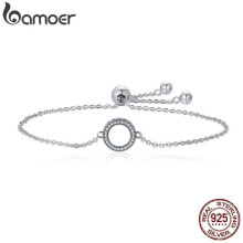 (silver) Bamoer Trendy 925 Sterling Silver Glittering Round Circle Chain Link Strand Bracelets