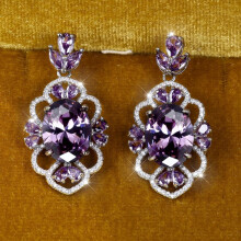 (purple) Exquisite Oval Cut Purple Cubic Zirconia Crystal Drop Earrings For Women Fashion Silver Color Flower Dangle Wedding Jewelry