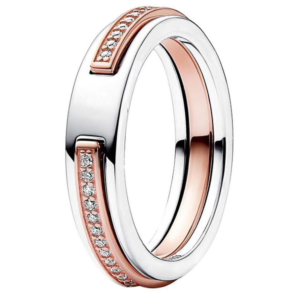 (as the picture, 6) Authentic 925 Sterling Silver Crescent Moon Stars Signature Two-tone & Pave Double Band Ring For Women Gift Popular Jewelry