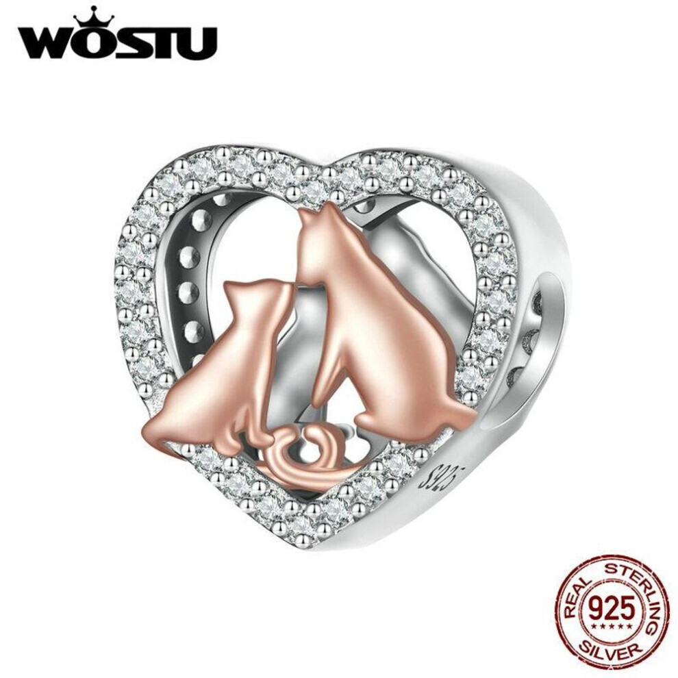 Maxpower (925 ) Wostu 925 Sterling Kissing Cat Charms Pendant Fit Original Bracelet Diy Jewelry Silver