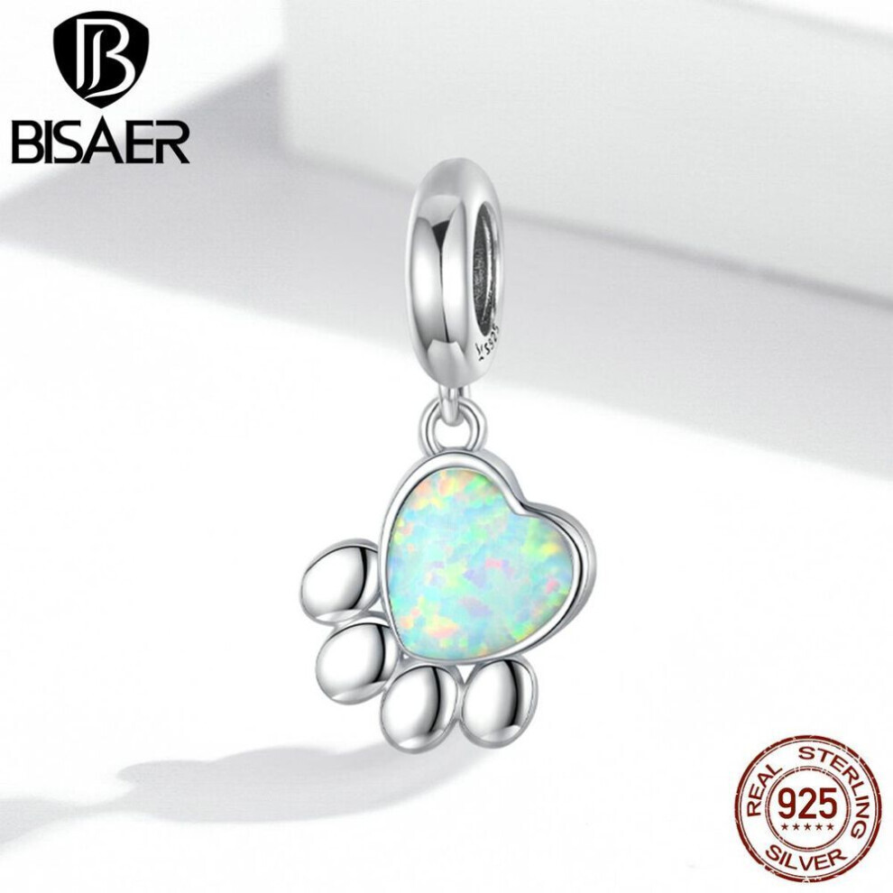 (925 silver) Bisaer 925 Sterling Silver Delicate Cute Opal Paw Charm Beads Fit Original Bracelet Necklace For Women Jewelry