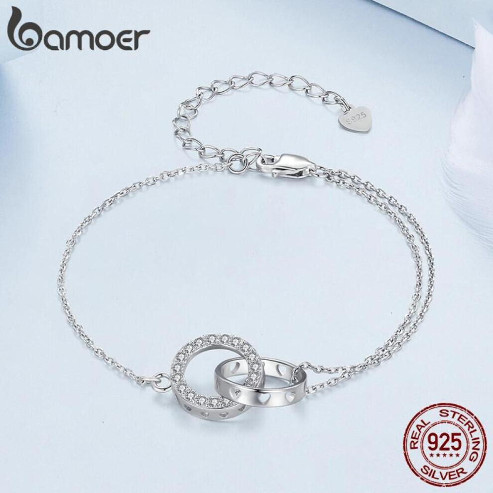 (925 silver) Bamoer 925 Sterling Silver Double Circle Bracelet Eternity Adjustable Chain Link Platinum Plated For Women Valentine&apos;s Day Gift