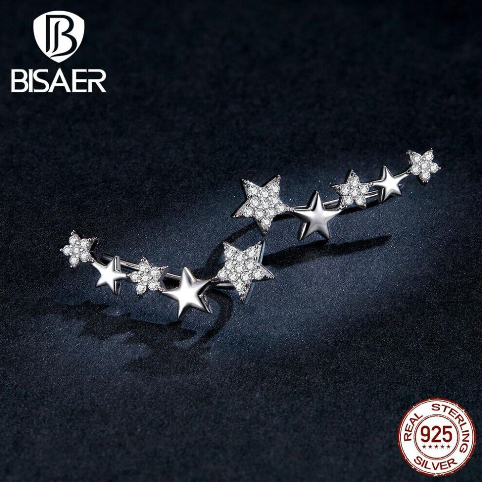 (925 silver) Bisaer Shining Stars Stud Earrings 100% 925 Sterling Silver Dazzling Zircon Small Earrings For Women