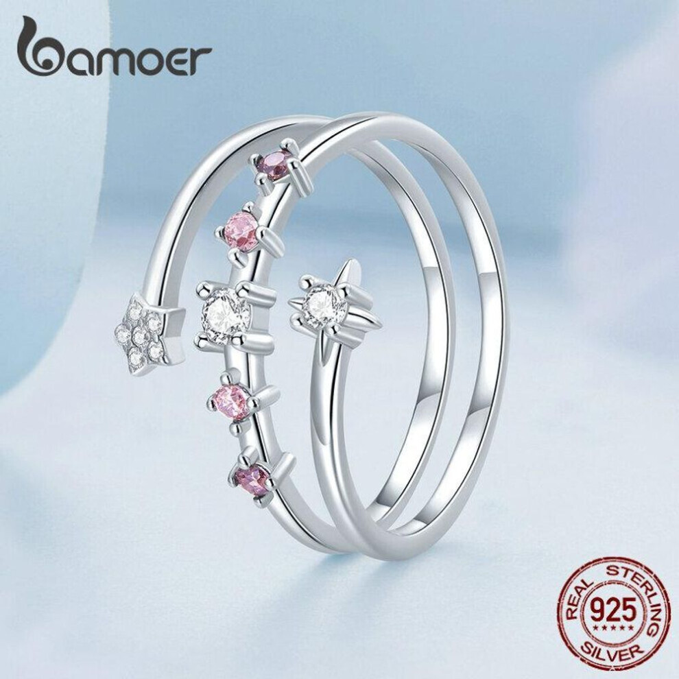 Maxpower (925 Silver) Bamoer 925 Sterling Silver Multi-Layer Star Ring Clear And Red Zircon Ring For Women Fashion Birthday Gift Fine Jewelry Red,Silver