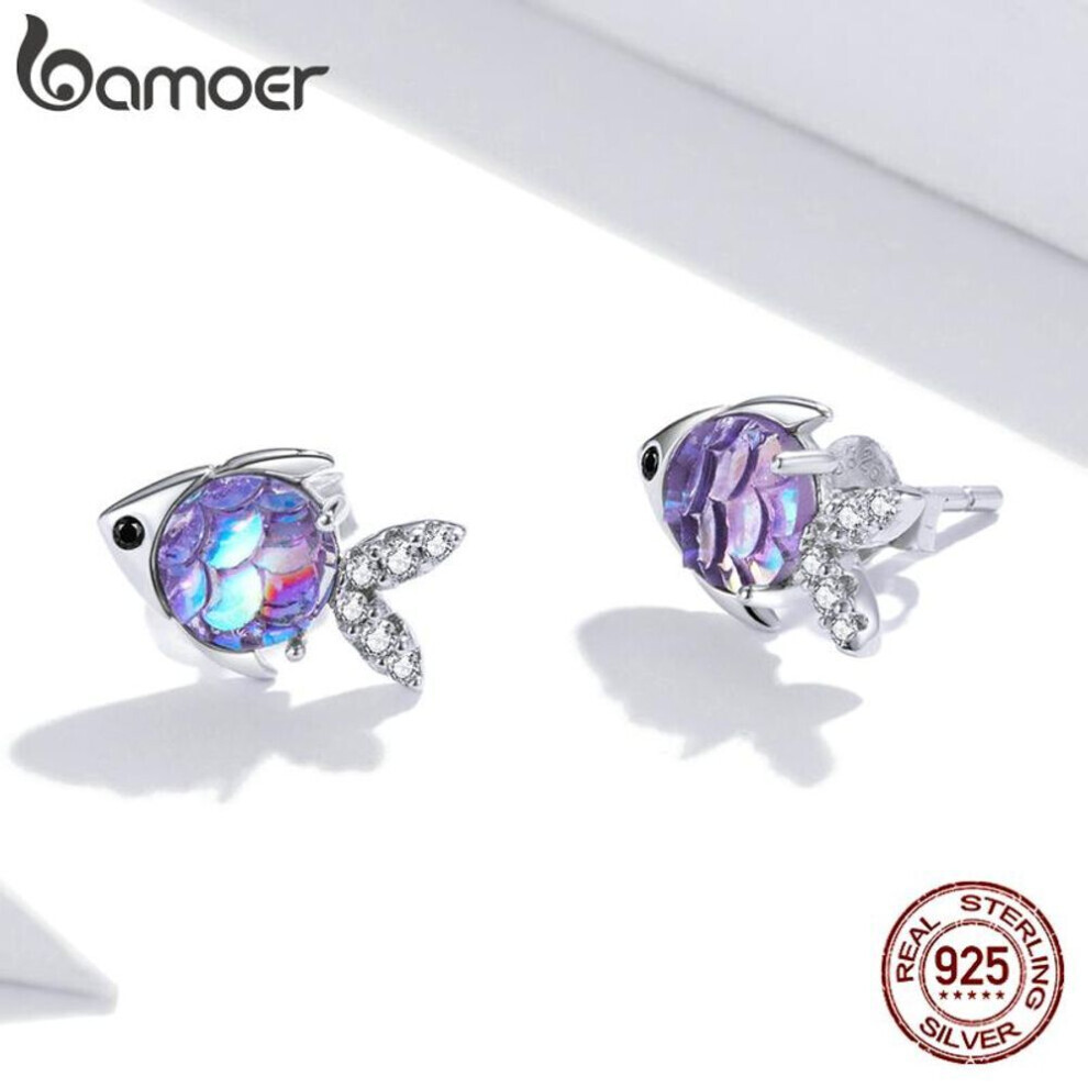 Maxpower (Silver) Bamoer 925 Sterling Hypoallergenic Earrings Sparkling Colorful Cubic Zirconia Happy Little Fish Women Earring Stud Silver