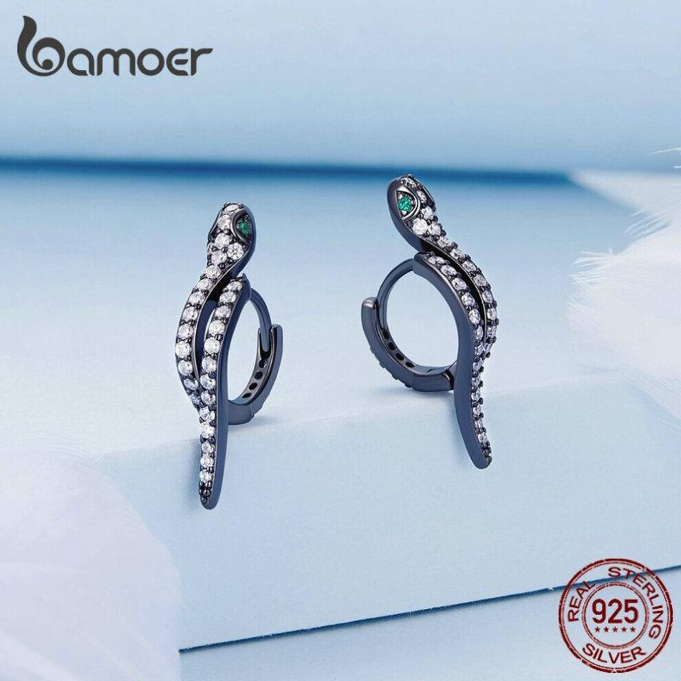 Maxpower (Black, D) Bamoer 925 Sterling Silver 3D Snake Earrings For Women Shiny Zircon Snake Ear Buckles Statement Fine Jewelry Party Gift Black,Silver