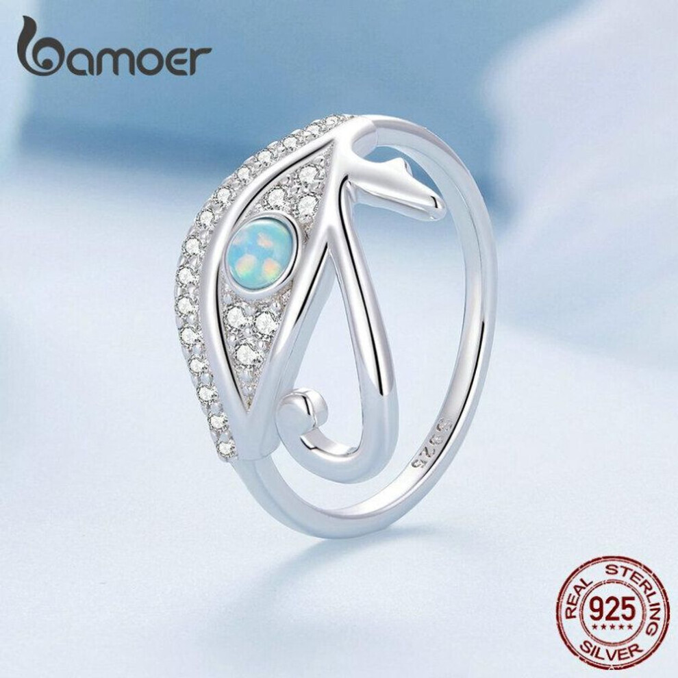 (7) Bamoer 925 Sterling Silver Blue Opal Lucky Eye Of Horus Ring Pave Setting Cz For Women Birthday Gift Fine Jewelry