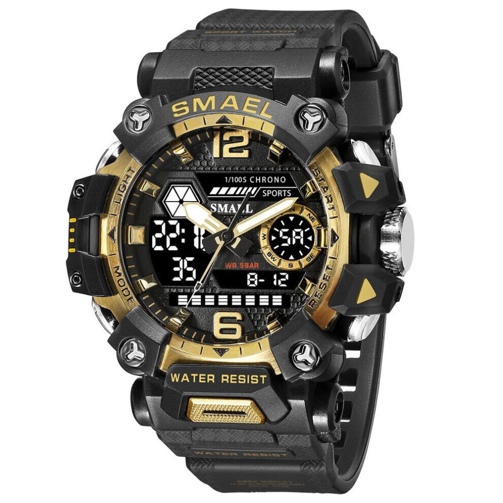 (black,gold) Smael Men Watches 50m Waterproof Sports Watch Military Man Sports Watch Digital 8072 Dual Display Watch Quartz Led Digital