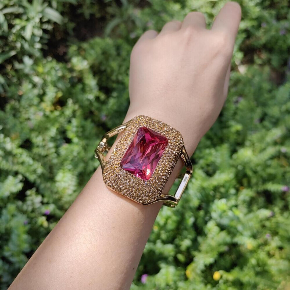 (pink, asthepicthe) 1pc Color-changing Turkish Sultanite Stone Bracelet - Elegant Vintage Design, Adjustable Chunky Bangle, Stunning Colors In Different Light Sources