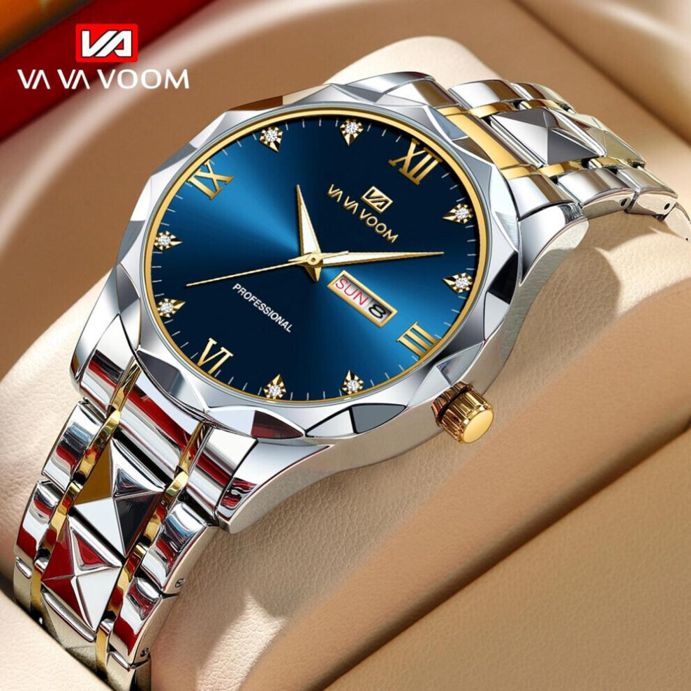 Maxpower (Blue) Va Va Voom Quartz Watch Men Top Brand High Quality Stainless Steel 30M Waterproof Luminous Date Week Sports Business Wristwatches Blue