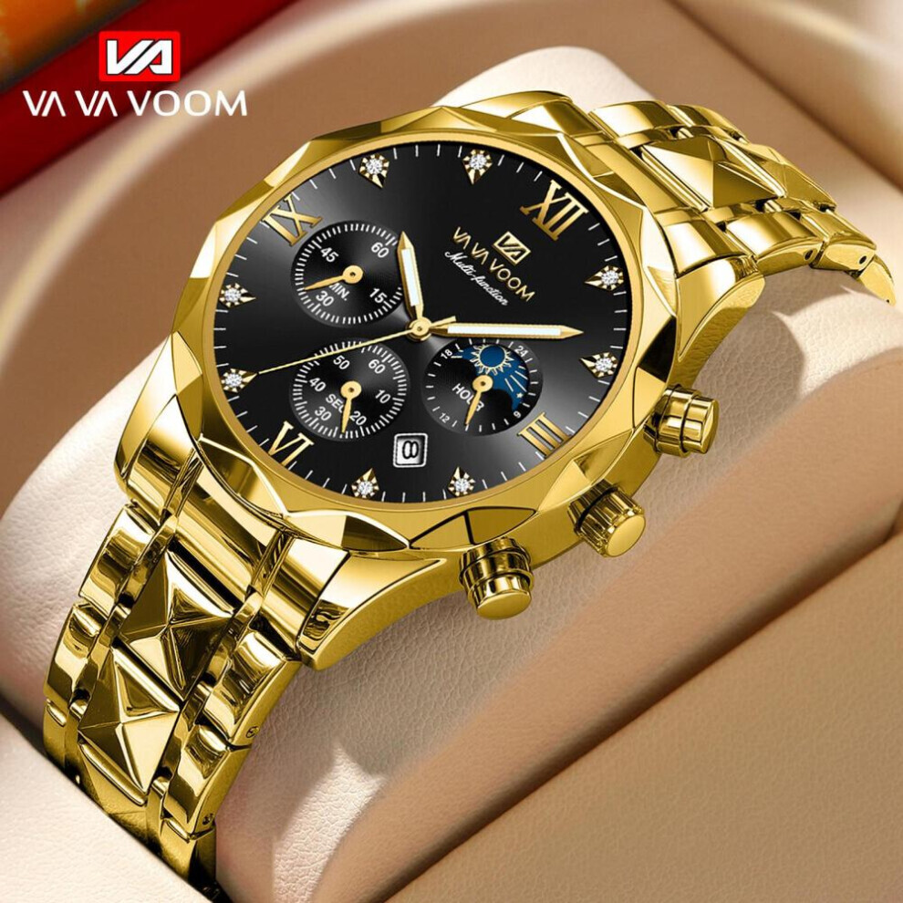 Maxpower (Gold,) Va Va Voom Quartz Watch Men Top Brand High Quality Stainless Steel 30M Waterproof Luminous Date Week Sports Business Wristwatches Black