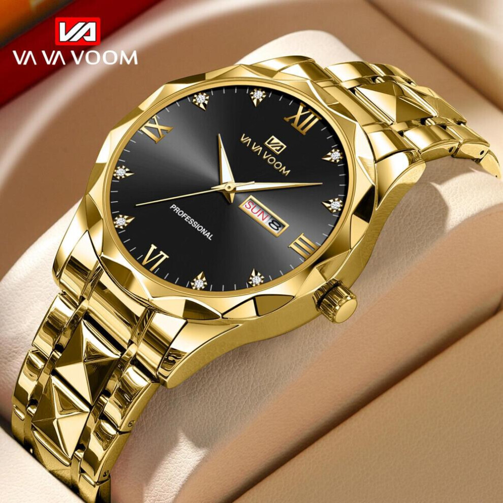 Maxpower (Golden) Va Va Voom Quartz Watch Men Top Brand High Quality Stainless Steel 30M Waterproof Luminous Date Week Sports Business Wristwatches Golden