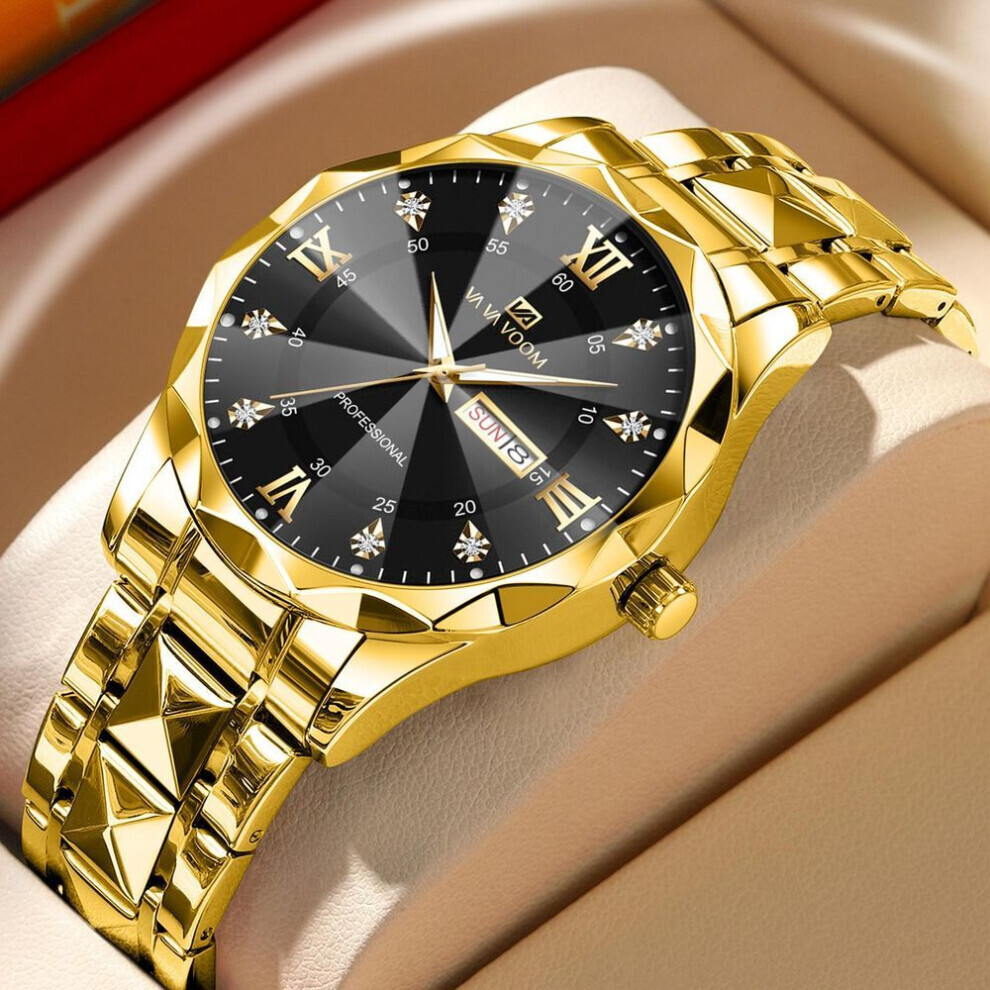 (gold) Va Va Voom Luxury Men's Quartz Watches Man 30m Waterproof Luminous Date Week Stainless Steel Men Watch Casual Sports Quartz Watches Male Clock + Box