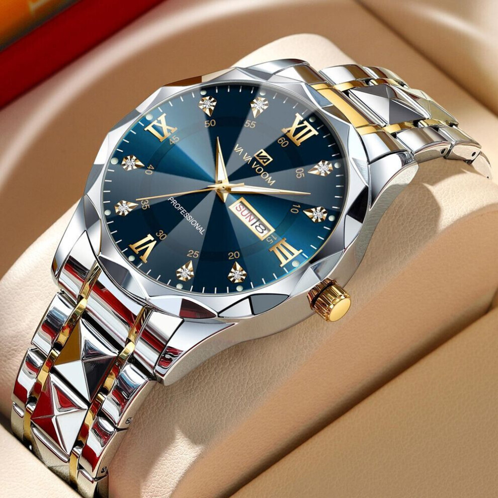 Maxpower (Blue) Va Va Voom Luxury Men's Quartz Watches Man 30M Waterproof Luminous Date Week Stainless Steel Men Watch Casual Sports Quartz Watches Male Clock Blue