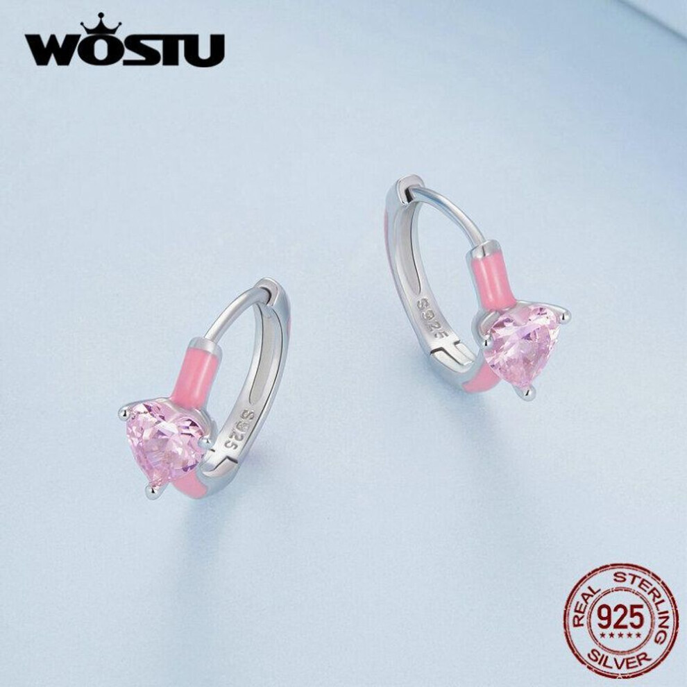 Maxpower (925 Silver) Bamoer Real 925 Sterling Silver Pink Heart Zircon Hoop Earrings Lovely Cindy Color Oil Printed Ear Clips Earring Girl Party Gift Pink,Silver