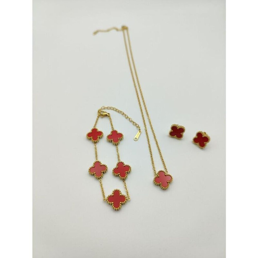 Maxpower (, 3Pcs) 3Pcs Stainless Steel Four Leaf Grass Necklace Earrings Five Flower Bracelet Jewelry Set Red