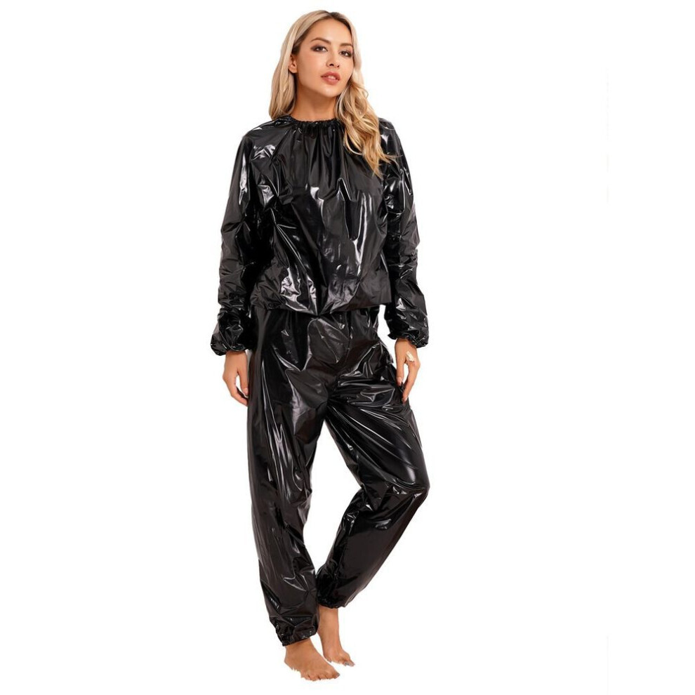 (black, 3XL) 2pcs Pvc Sauna Suit Long Sleeve Elastic Cuff Top Pants Set Weight Loss Sweat Suit Slimming Fitness Gym Workout Suit For Men And Women