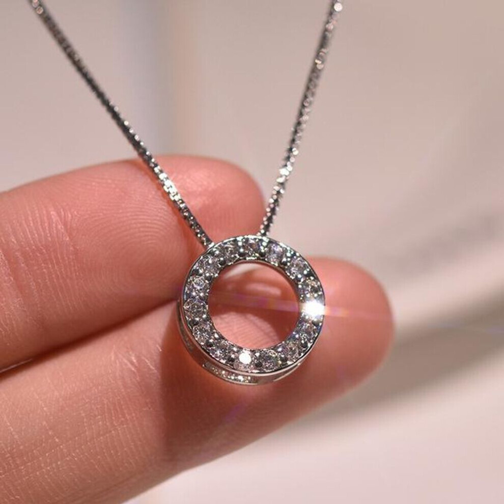 (silver) Real 925 Sterling Silver Necklace Pendant Jewelry For Women Full Diamond Circle Pendant Pierscionki 925 Silver Necklace Females