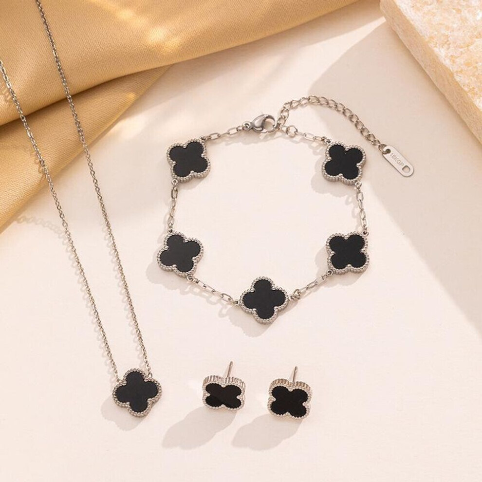 (black) 3pcs Clover Bracelet 13mm Titanium Steel Clover Double Sided Bracelet Necklace Earring Set