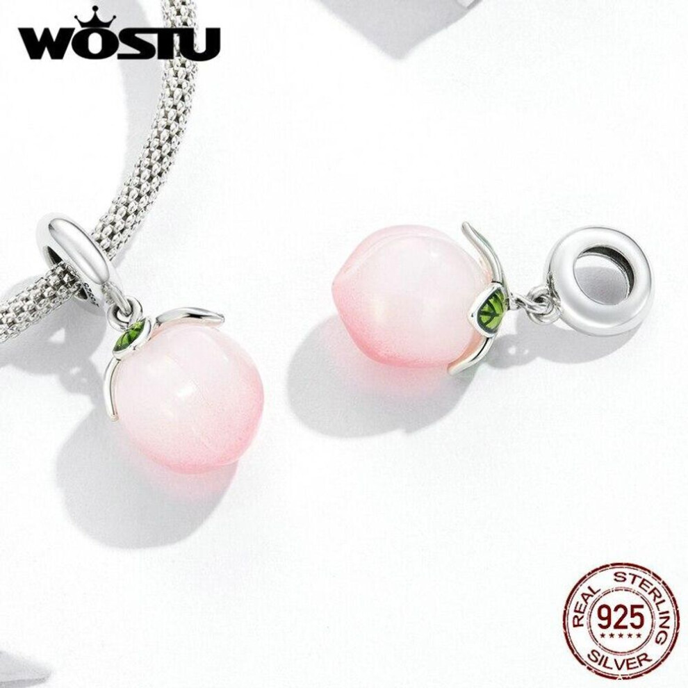 (925 silver) Wostu 925 Sterling Silver Glass Fruit Pink Peach Leaf Charm Bead Pendant Fit Original Bracelet Necklace For Women Jewelry