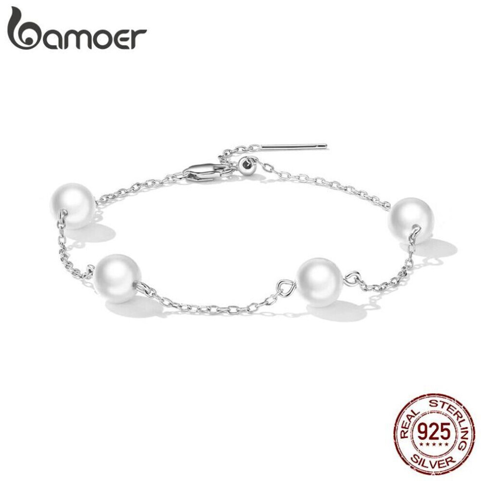 Maxpower (925 Silver) Bamoer 925 Sterling Silver Delicate Shell Pearl Bead Women Bracelet Silver Adjustable Bracelet Fine Jewelry Wedding Gift White,Silver
