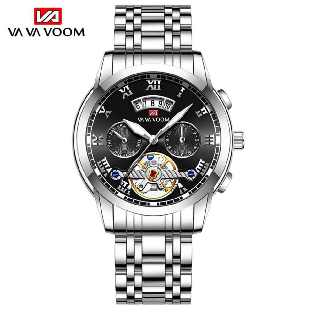 (silver) Va Va Voom Quartz Watches Stainless Steel Flywheel Non-automatic Multi-function Mechanical Watch Fashion Luminous Waterproof Watch Male Wrist Watch
