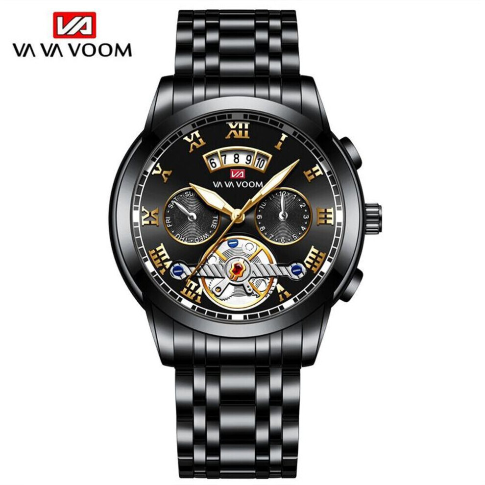 (black,gold) Va Va Voom Quartz Watches Stainless Steel Flywheel Non-automatic Multi-function Mechanical Watch Fashion Luminous Waterproof Watch Male Wrist Watch