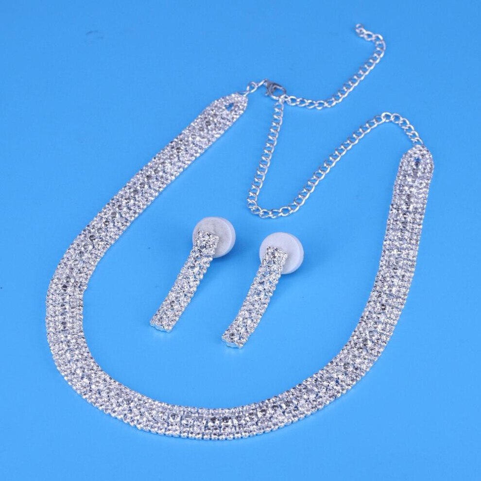 (silver) Fashion Luxury Gold Rhinestone Necklace Earrings Jewelry Set Bridal Wedding Romantic Jewelry Necklace