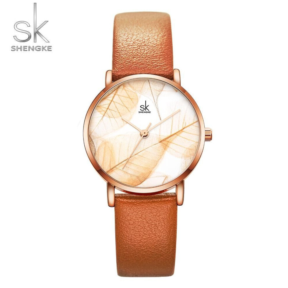 Maxpower (Brown) Shengke Fashion Watch For Women Summer Green Leaves Dial Watch Women Slim Quartz Ultra Thin Case Women Watch Green,Brown