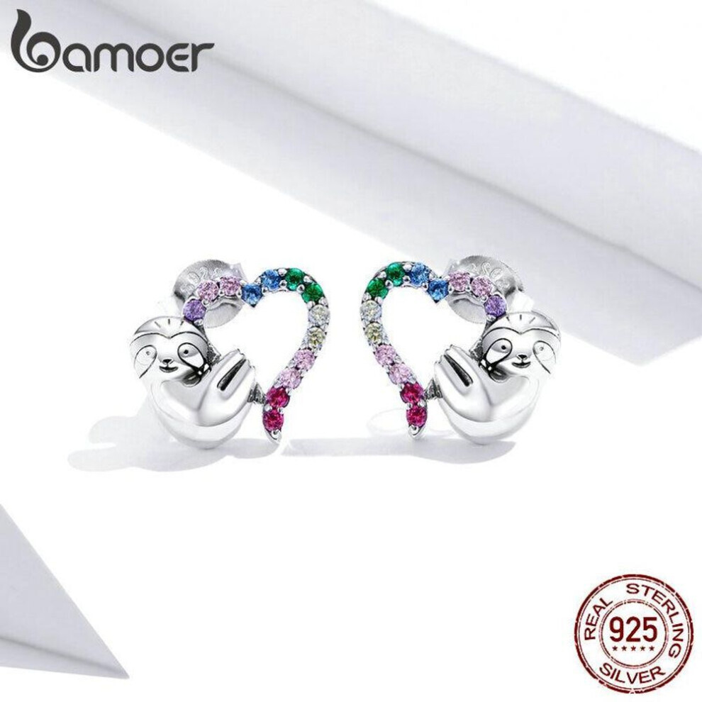 Maxpower (925 Silver) Bamoer Rainbow Color Heart Stud Earrings 925 Sterling Silver Sloth Animal Ear Pink Fine Jewelry Pink,Silver