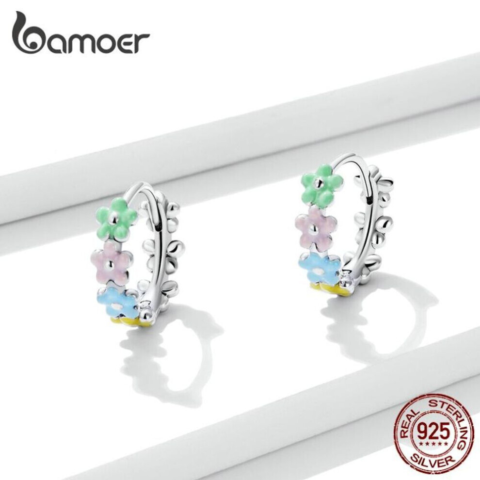 Maxpower (925 ) Bamoer 925 Sterling Enamel Colorful Several Flowers Hoop Earrings For Women Elegant Fine Jewelry Silver