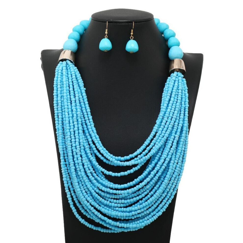 (as the picture) Multi Strand Multi Color Blue Green Red Glass Seed Bead Necklace Earring Set